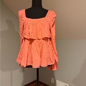 Eesel Coral Ruffled Peasant Blouse